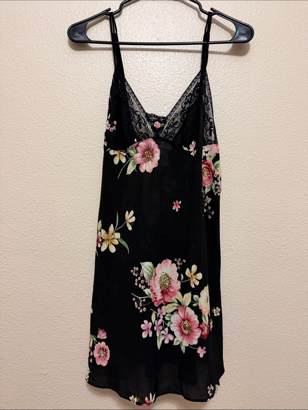 Oscar de la Renta Black Slip Dress with Pink Floral Print
